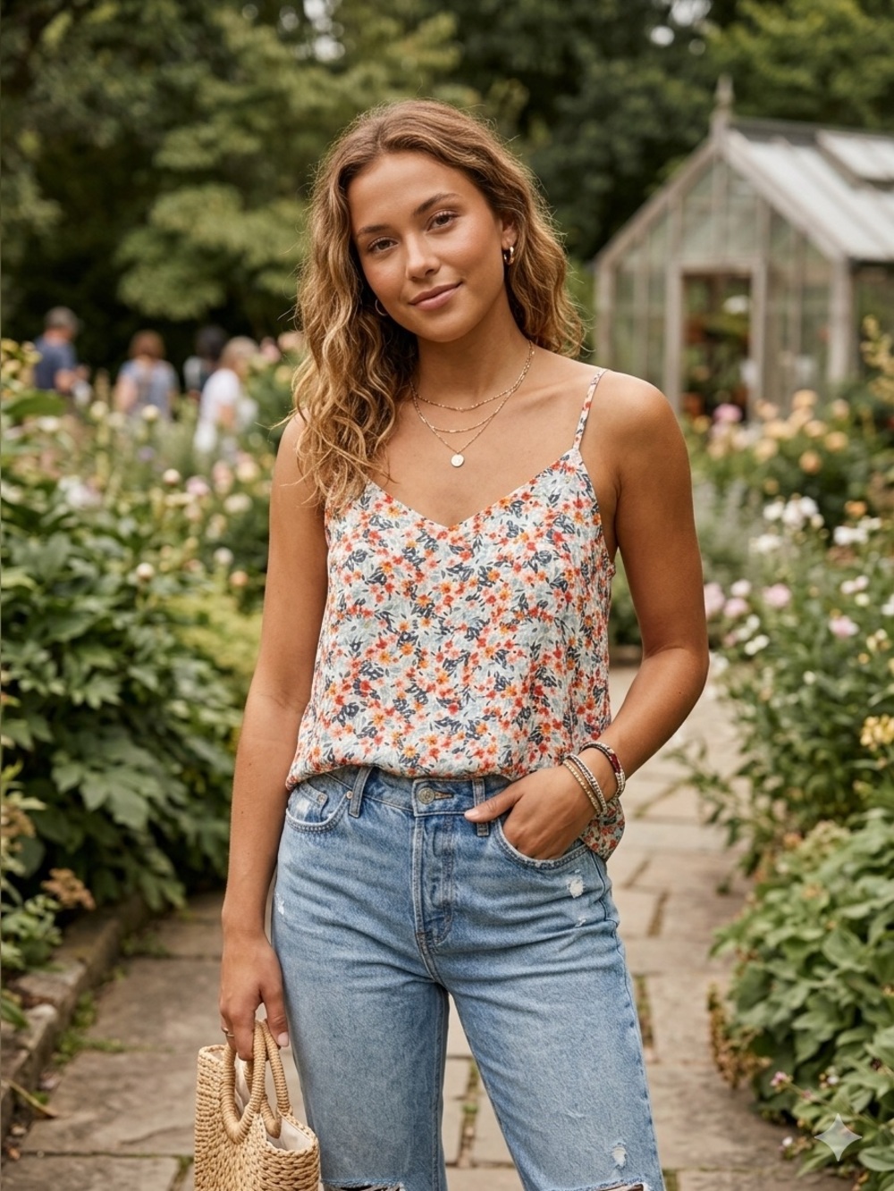 LOFT Floral Spaghetti Strap Cami Top - White with Red, Orange, Blue, Green